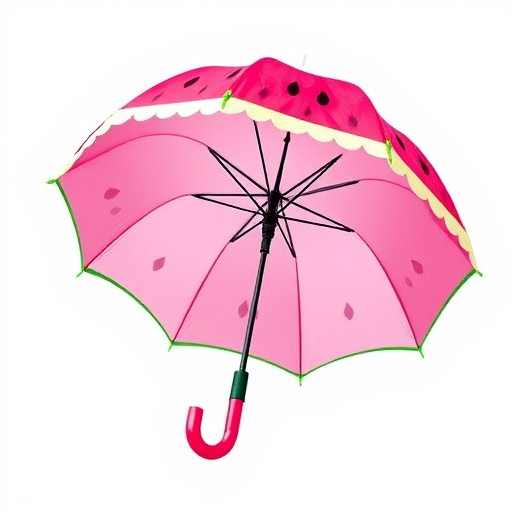 Create a vibrant illustration of a watermelon-themed umbrella, featuring a pink canopy with black seeds, white frill at the bottom, and green accents, captured in vivid colors using a DSLR camera with a 50mm lens, f/2.8 aperture, ISO 100, and natural light.