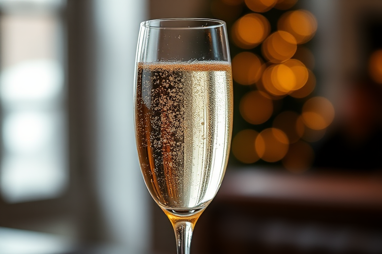 Generate a high-resolution image of a champagne glass filled with sparkling liquid, captured using a DSLR camera at f/2.8 aperture, 50mm lens, 1/125 sec shutter speed, in a well-lit setting with soft focus background for enhanced depth.