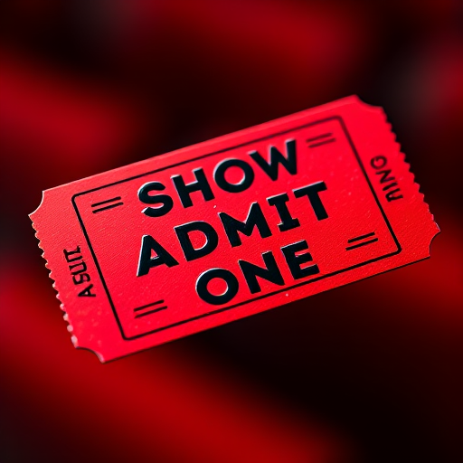Create an image of a red admission ticket labeled SHOW ADMIT ONE with a glossy finish, captured with a Canon EOS 5D Mark IV at f/2.8, ISO 100, 50mm lens, with a shallow depth of field for enhanced focus on the ticket and a soft blurred background.