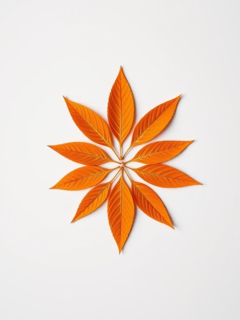 Create a symmetrical pattern featuring orange leaves arranged in a cross shape against a plain background, using a DSLR camera with a 50mm lens, aperture f/2.8, ISO 100, and natural lighting to enhance color vibrancy and detail, shot from a top-down view.