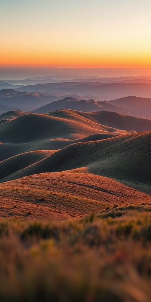 Create a high-resolution image of a serene landscape featuring rolling hills and a clear sky at sunset, captured with a Canon EOS 5D Mark IV, 24mm lens, f/8 aperture, ISO 100, with a wide-angle view and vibrant color saturation.