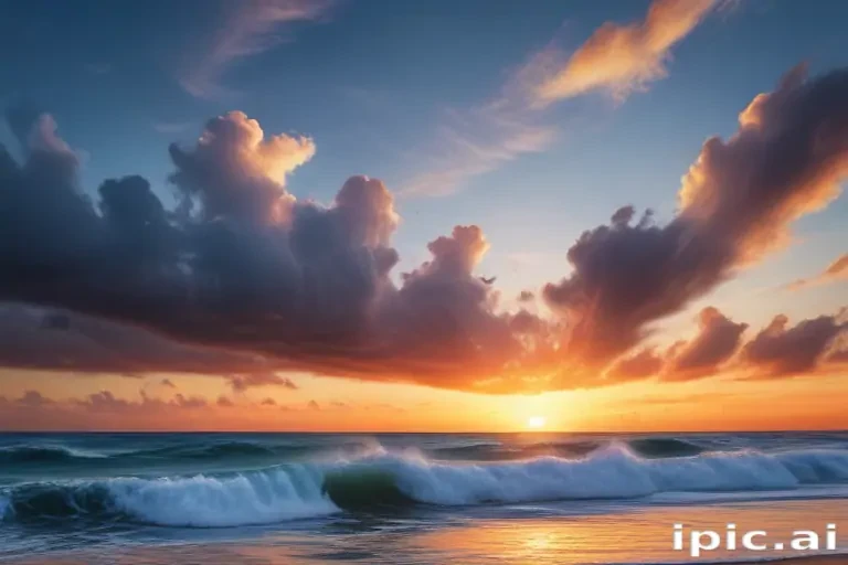 Stunning Sunset Over Ocean Waves with Dramatic Clouds and Colorful Sky