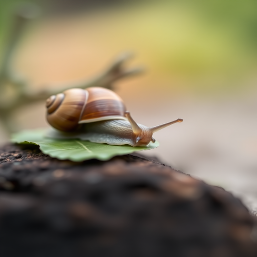 Close-up shot of a snail on a leaf resting on a log, shallow depth of field, ISO 100, aperture f/2.8, shutter speed 1/200 sec, macro lens, natural light, DSLR camera, focus on the snail with soft background blur.