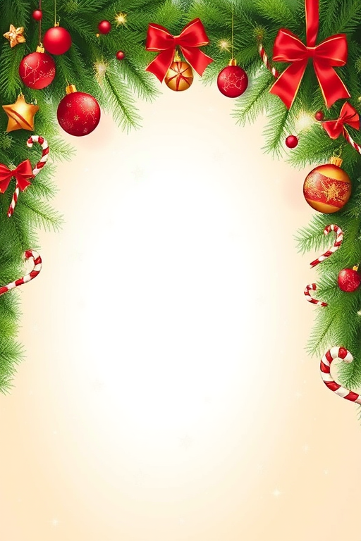 Create an image of a festive holiday background with a lush green pine border adorned with red and gold ornaments candy canes and ribbons at the top while the center features a soft glowing light effect with sparkling stars and a light beige backdrop for a warm and cheerful atmosphere.