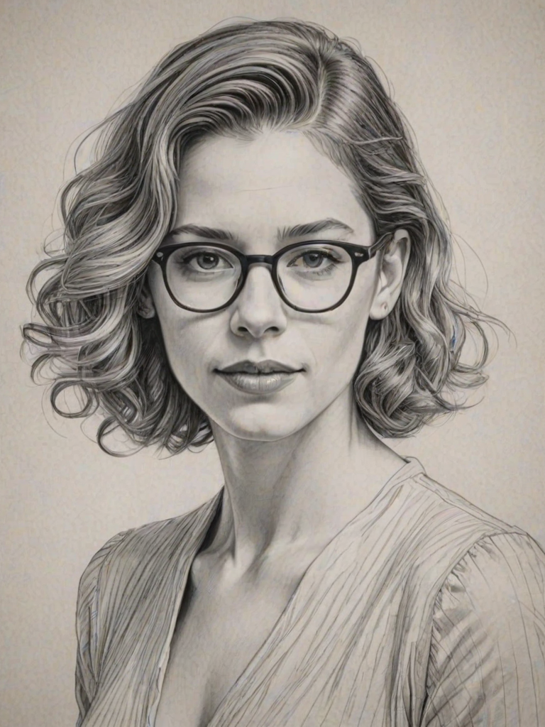 Radiant Tessa Ferrer, pencil sketch, portrait of Enchanting woman 1934s in glasses, hair style beatnik, outline, clear lines, fine lines, 8k