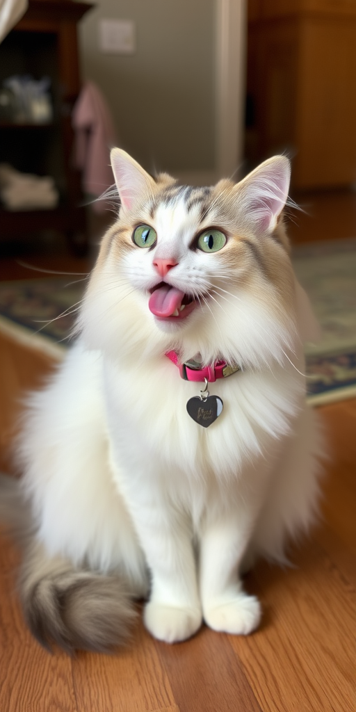 A fluffy white cat with gray markings sitting on a wooden floor sticking its tongue out wearing a pink collar with a heart-shaped tag in a cozy indoor setting with a rug in the background.
