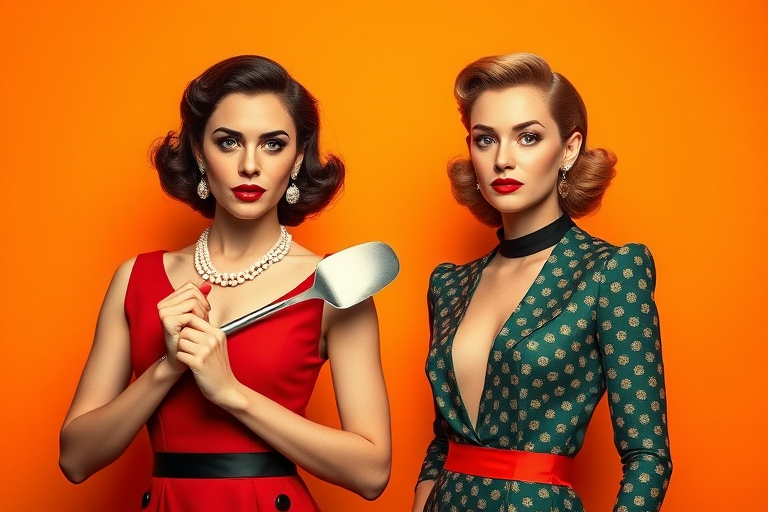 Create a vintage-style portrait of two glamorous women in elegant outfits against a vibrant orange background, with one holding a spatula and the other looking poised, using a DSLR camera with a 50mm lens, aperture f/1.8, ISO 100, and soft natural lighting to enhance colors and textures.