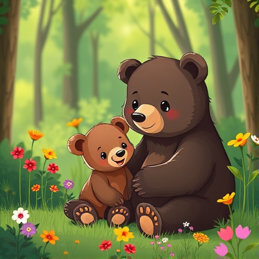 Create a cute illustration of a mother bear and her cub sitting together in a lush green forest with colorful flowers around, using a Canon EOS R5 camera with a 50mm f/1.2 lens, aperture set to f/2.8, ISO 200, and a soft focus style to enhance image quality and capture the warmth of the scene.
