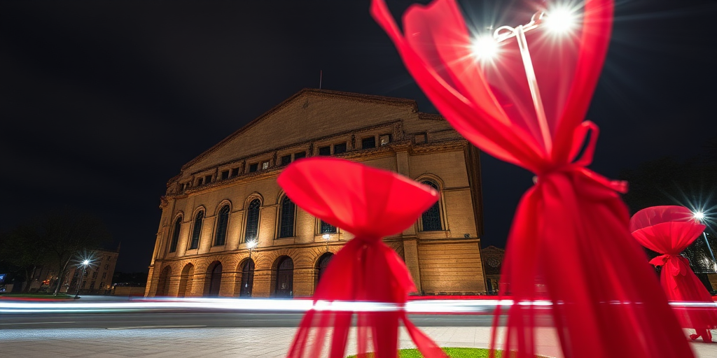 Long exposure photography of a historic building at night with vibrant red fabric figures in the foreground, capturing light trails with a low ISO of 100, aperture set at f/8, shutter speed of 15 seconds, using a tripod, shot from a slightly low angle with a wide-angle lens on a DSLR camera.
