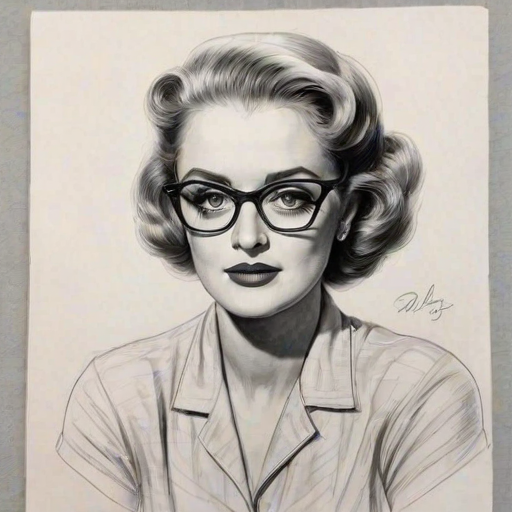 Beautiful Bette Davis, pencil sketch, portrait of beautiful woman 60s in glasses, hair style beatnik, outline, clear lines, fine lines, 8k
