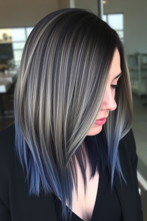 Smoky grey ombre hair transitioning to steel blue tips, styled in a sleek and straight lob with a deep side part, creating a sophisticated and edgy look called Twilight Horizon
