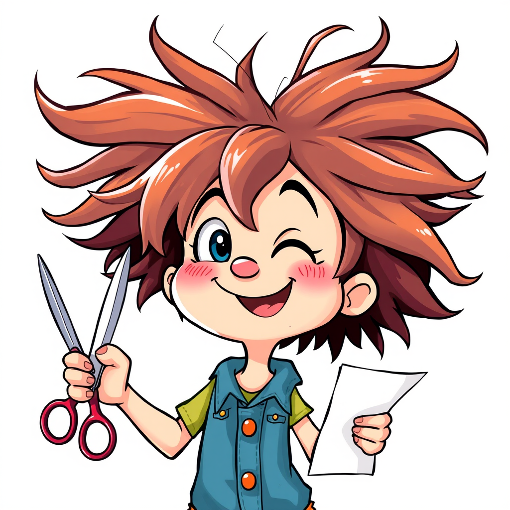 Create an illustration of a cheerful cartoon character with wild hair holding scissors in one hand and a piece of paper in the other, with a playful expression, using a high-resolution digital drawing style, shot from a frontal view, using a graphics tablet and software settings optimized for sharp lines and vibrant colors.