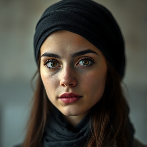 Create a portrait of a young Mizrahi woman with long, dark hair and captivating hazel eyes. She is wearing a black headscarf and a matching scarf draped gracefully around her neck. The background is softly blurred, focusing attention on her serene and natural expression. The overall color palette is muted and warm, enhancing the intimate and authentic feel of the portrait.