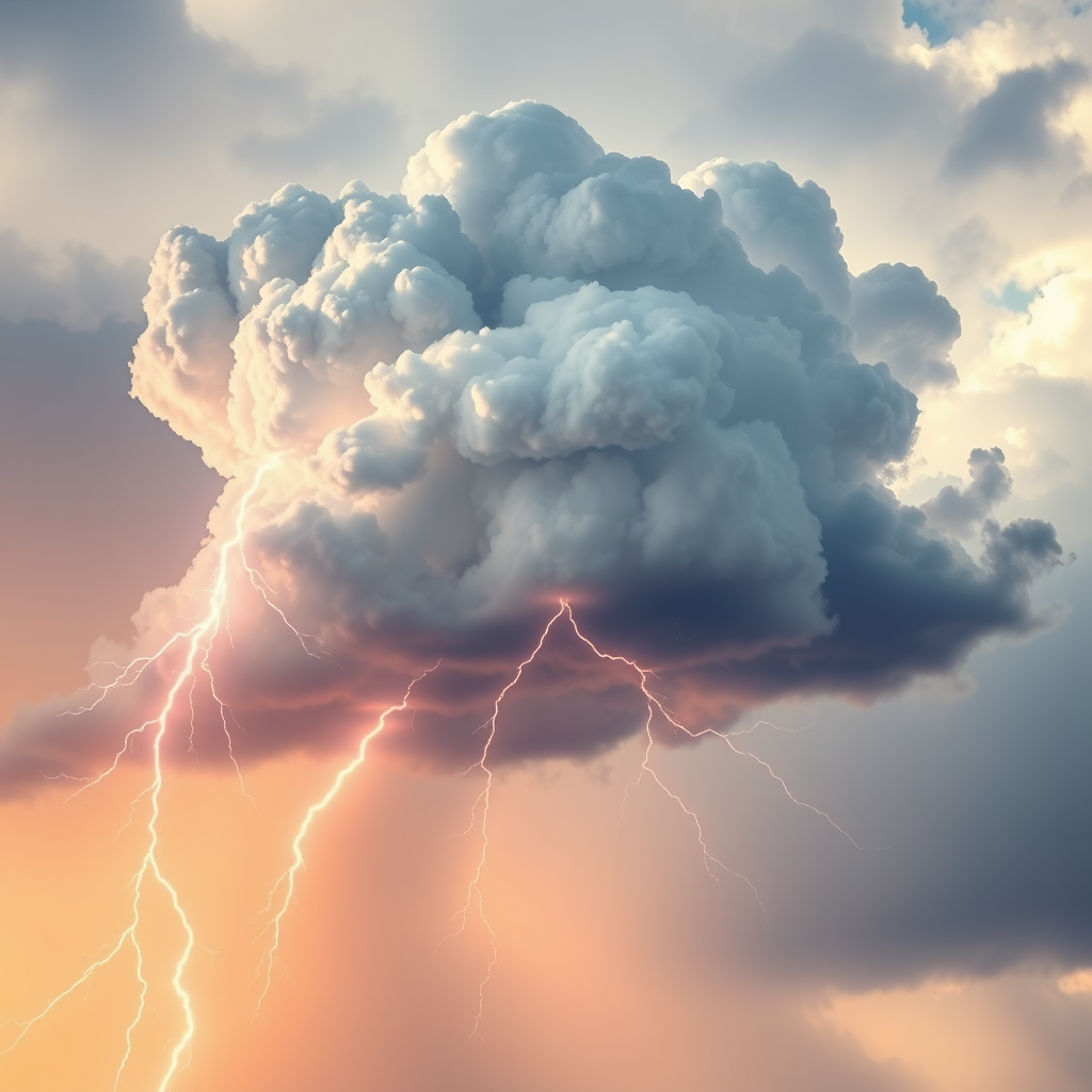 Create a high-resolution digital illustration of a storm cloud with a lightning bolt, using a macro lens with f/2.8 aperture, 50mm focal length, and a shallow depth of field for a soft background effect, captured in bright daylight with enhanced contrast and saturation.