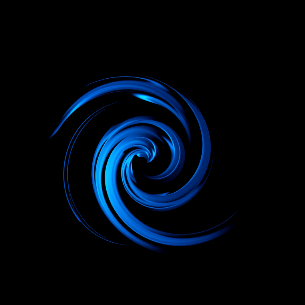 Create a high-resolution artistic representation of a blue swirl on a black background, using a DSLR camera with a 50mm lens, aperture set to f/1.8, ISO 100, and a shallow depth of field for a soft background blur, ensuring vibrant color contrast and sharp focus on the swirl.
