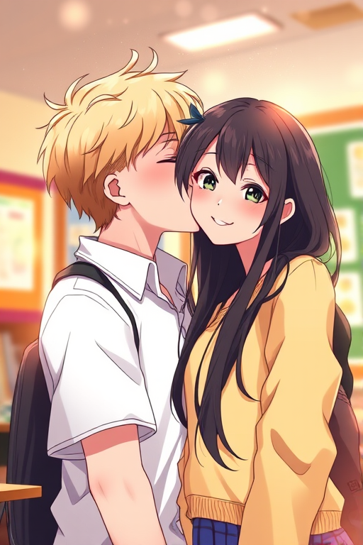 Create a detailed digital illustration of a young couple in a school setting; the boy with blonde hair is gently kissing the girl's cheek, who has long black hair and a shy smile; use soft, warm lighting with bokeh effects; camera type: digital DSLR; camera settings: aperture f/2.8, ISO 100, shutter speed 1/60; camera view: eye level, focusing on the characters in a cozy classroom atmosphere with colorful walls and soft shadows.