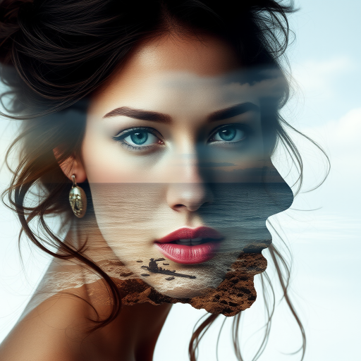 this photo is Book cover, A surreal double exposure portrait that blends a woman's face with a beautiful seascape. The overall mood is dreamy and mystical, with rich colors and intricate details