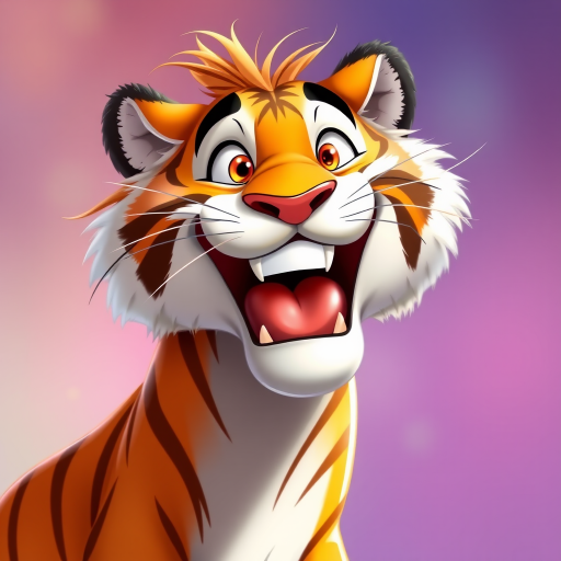 Disney style, cartoon illustration of an orange and white tiger with messy hair smiling very wide open mouth showing, in the Disney Pixar animation style, in the style of Don Bluth, full teeth body, with a very detailed face, very detailed eyes, very detailed fur, full color, very colorful, with a very colorful background, soft pastel colors, high resolution, high quality, high detail, hyper realistic
