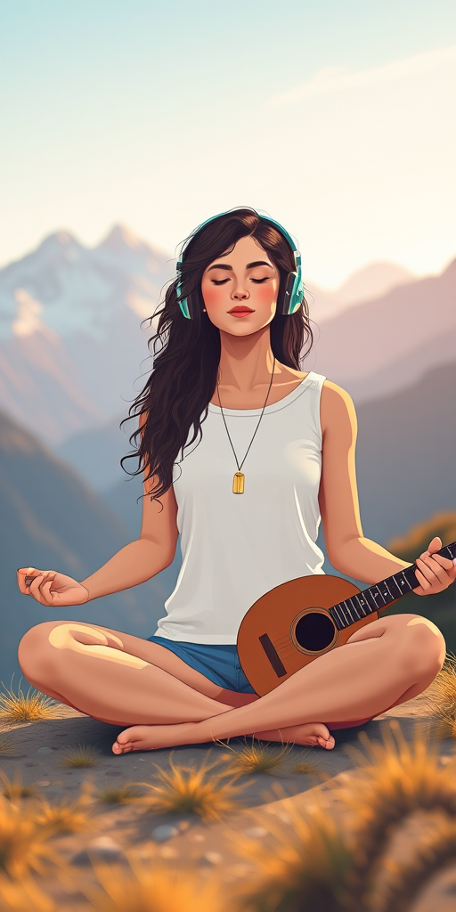 Create a vibrant illustration of a woman with long curly hair sitting cross-legged in a mountainous landscape, wearing headphones and meditating, with a guitar beside her, using a soft color palette and smooth lines, shot from a low angle with a shallow depth of field, in natural light conditions, using a DSLR camera with a 50mm lens, aperture set to f/2.8 for enhanced image quality.