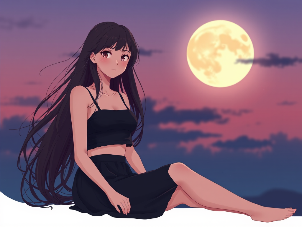 Create a high-quality illustration of a young woman with long flowing hair, wearing a black crop top and skirt, sitting against a twilight sky with a large, luminous moon, using a Canon EOS R5, 85mm lens, f/1.8 aperture, ISO 100, capturing soft bokeh for a dreamy effect.