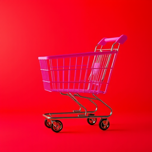 create a vibrant graphic of a shopping cart in bright pink against a contrasting red background, use a 50mm lens with f/2.8 aperture, shot from a slightly elevated angle for depth, using a DSLR camera with high saturation and sharpness settings