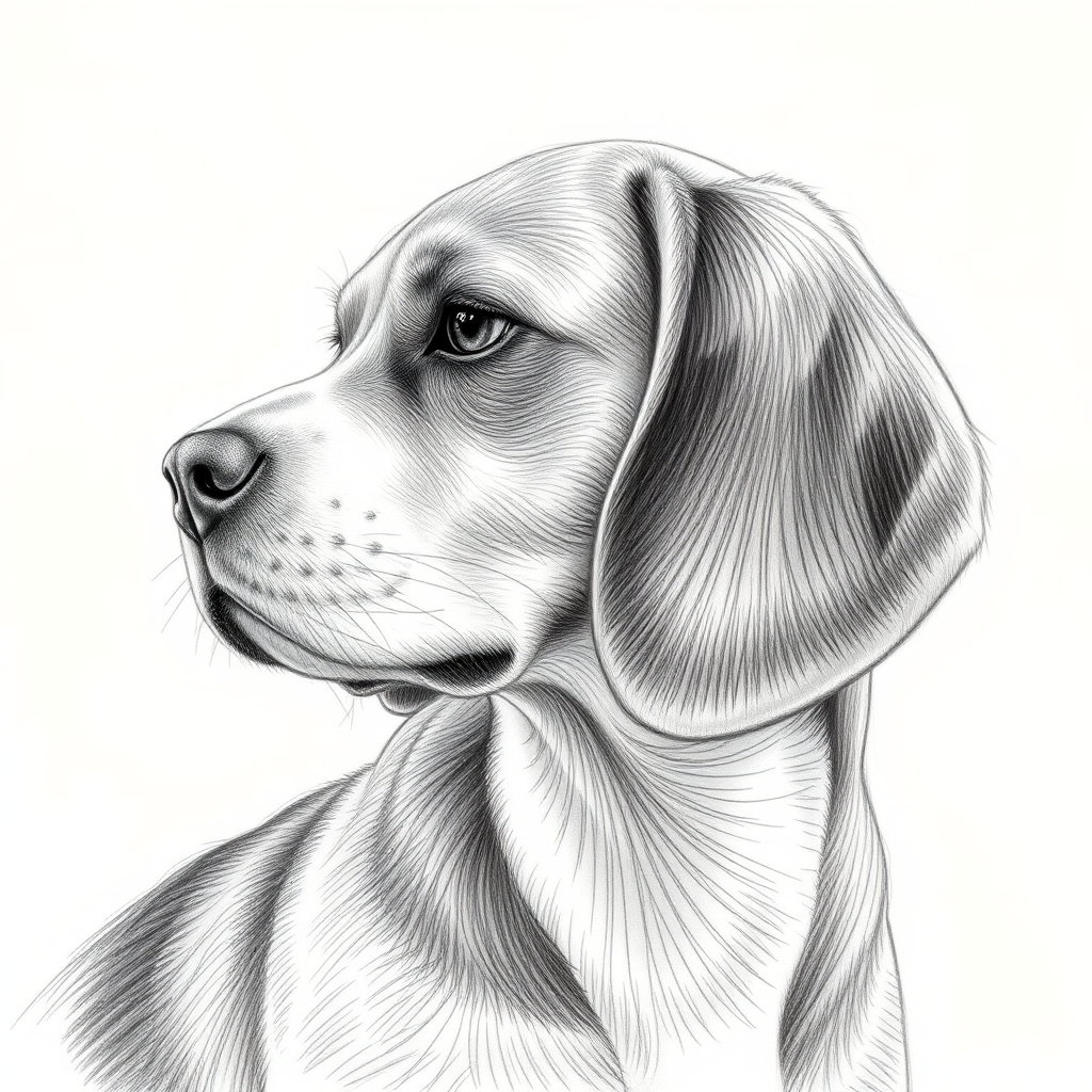 Create a highly detailed pencil sketch of a beagle, focusing on the profile view, with soft shading and intricate fur texture, using a DSLR camera at f/8 aperture, 50mm lens, 1/125s shutter speed, natural light to enhance contrast and clarity.