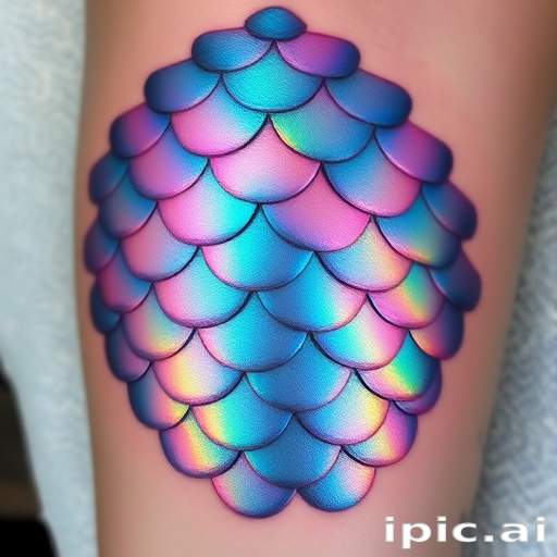 Iridescent mermaid scale tattoo named "Siren's Song" covering a large area of skin with overlapping scale patterns that shift in color as light moves across the surface holographic ink creates a mesmerizing rainbow effect mimicking the magical appearance of mythical sea creatures intricate details within each scale add texture and depth