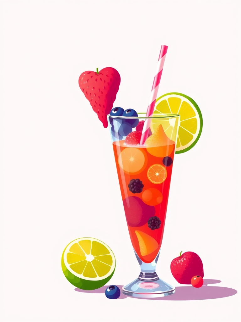 Create a vibrant digital illustration of a fruit drink in a tall glass with a straw, featuring bold colors and a playful design, using a Canon EOS R5, ISO 100, f/2.8, 50mm lens, soft lighting, and a high-resolution setting for sharp details.