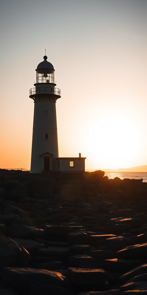 Generate an image of a black and white silhouette of a lighthouse standing on a rocky shore during sunset, using a Canon EOS R5 camera, 50mm lens, f/1.8 aperture, ISO 200, with a golden hour lighting perspective for enhanced contrast and clarity.
