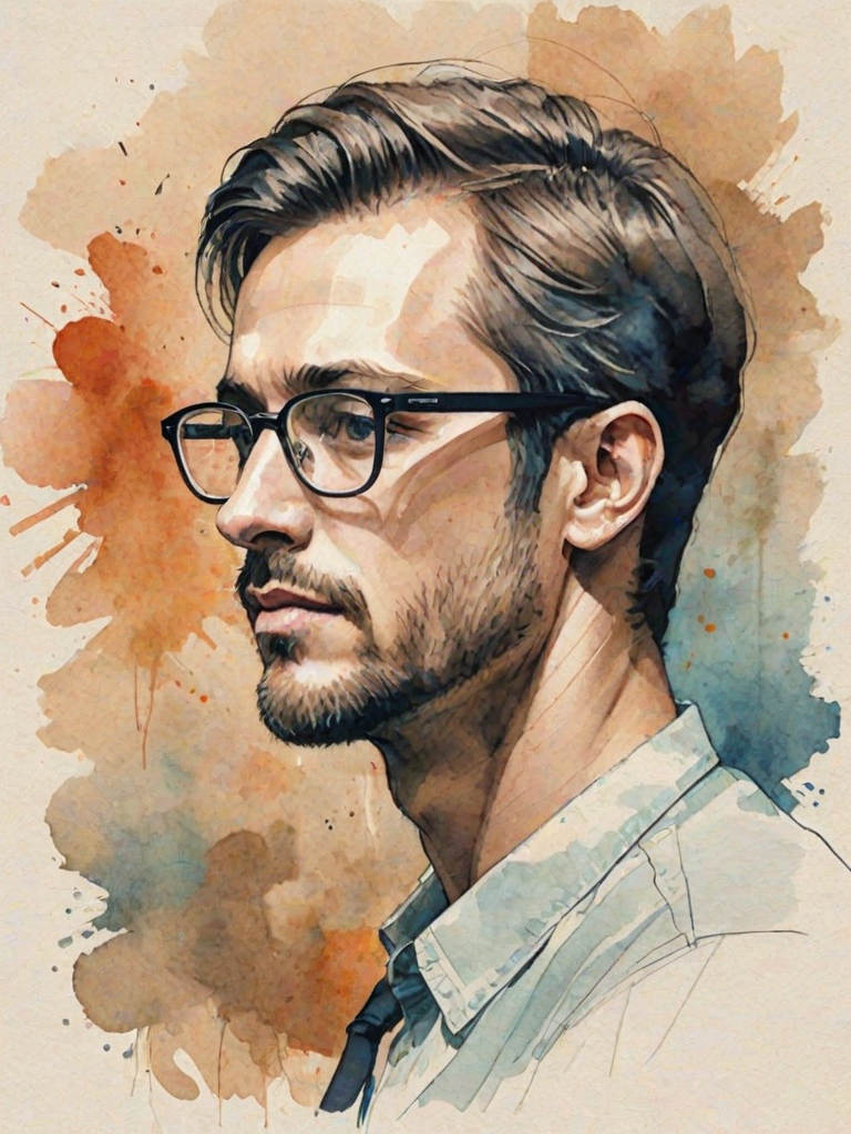 Create a portrait of a man with glasses, depicted in profile, combining sketch-style drawing and watercolor elements with a modern artistic flair.