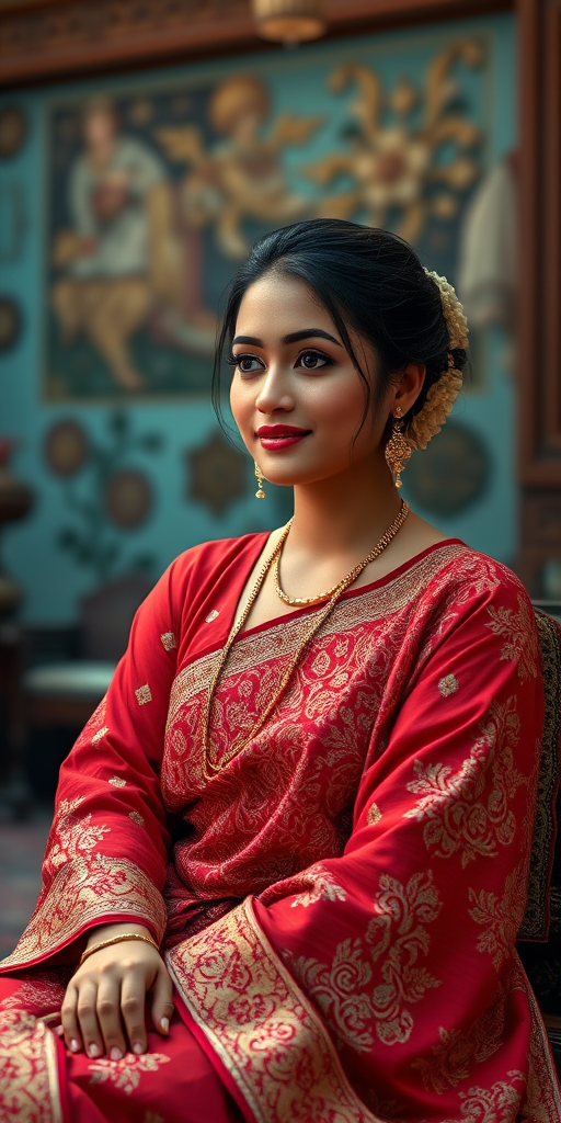 A beautiful Bangladeshi woman in traditional East Asian attire, intricately detailed with embroidered patterns, sitting gracefully in a richly decorated room, soft ambient lighting, serene and elegant, ultra-realistic, 8K resolution