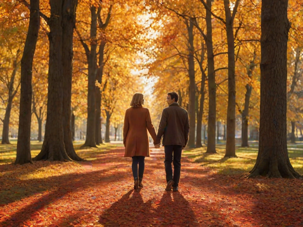 High-resolution, warm image of a couple walking hand-in-hand through a park in autumn, leaves in shades of orange, red, and gold carpeting the ground, soft sunlight filtering through the trees, a gentle breeze rustling the leaves, shadows stretching across the path behind them.