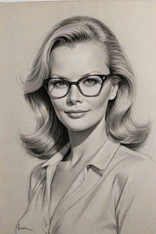 Fascinating Cheryl Ladd, pencil sketch, portrait of Enticing woman 1934s in glasses, hair style beatnik, outline, clear lines, fine lines, 8k