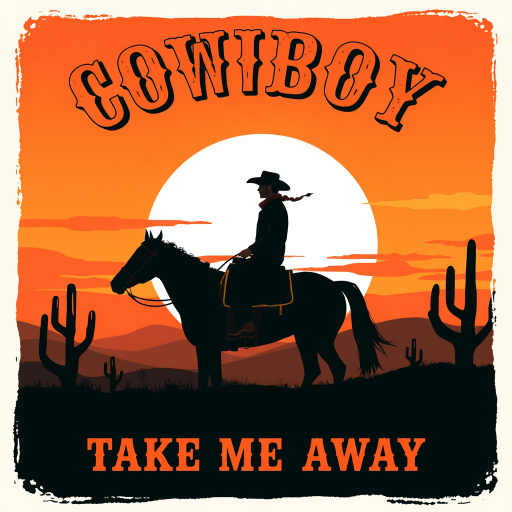 Create an illustration of a cowboy on a horse against a stylized sunset background, capturing a vintage Western theme with bold typography saying "COWBOY" at the top and "TAKE ME AWAY" at the bottom, use a DSL camera with a 50mm lens, f/1.8 aperture, natural lighting, and a shallow depth of field to enhance the color contrast and detail.