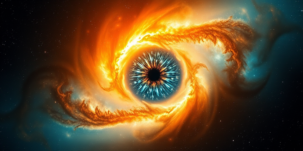 Generate a stunning cosmic image of a nebula resembling an eye with vibrant orange and turquoise colors surrounding a bright central explosion of light, showcasing a starry background and intricate celestial details.