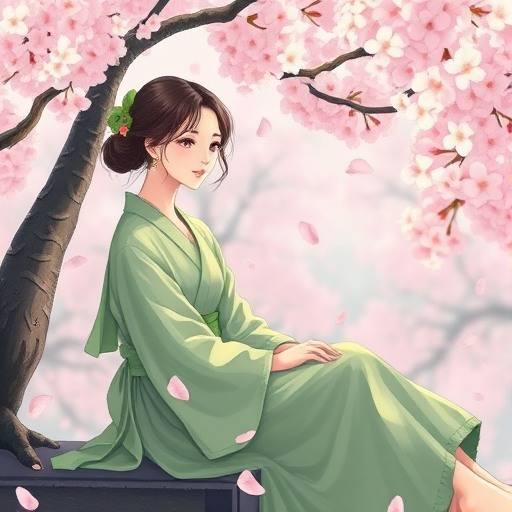 Create a serene illustration of a woman in flowing green robes sitting beneath cherry blossoms, with petals falling around her, captured in soft pastel colors, using a digital painting style with high resolution, focus on smooth shading and gentle contrasts, simulate a DSLR effect with an aperture of f/2.8 for a shallow depth of field, and a 50mm lens for clarity and detail in the subject.