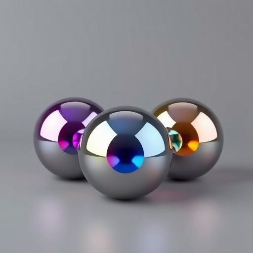 Create a high-resolution 3D render of three metallic spheres with colorful translucent cores, using a Canon EOS R5 camera, with a 50mm lens, f/2.8 aperture, ISO 100, and a softbox lighting setup to enhance reflections and textures in a neutral gray background.