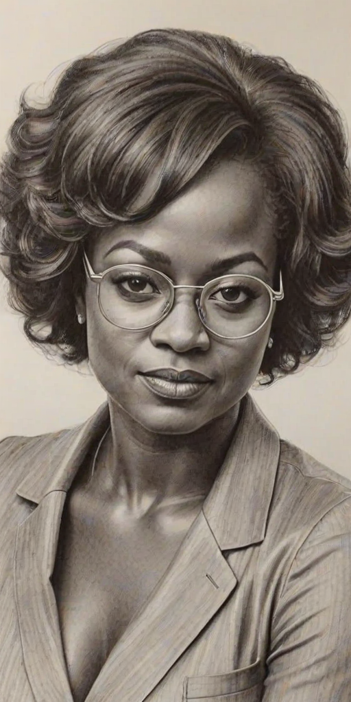 Lovely Viola Davis, pencil sketch, portrait of Enticing woman 1977s in glasses, hair style beatnik, outline, clear lines, fine lines, 8k