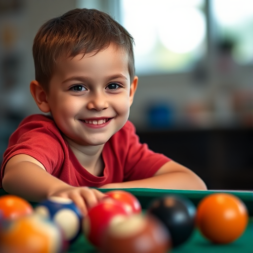 A young boy smiling while playing billiards, shot with a Canon EOS R, 50mm f/1.8 lens, aperture f/2.8, ISO 100, 1/125 sec shutter speed, natural lighting, shallow depth of field, focus on the boy with colorful balls in the background.
