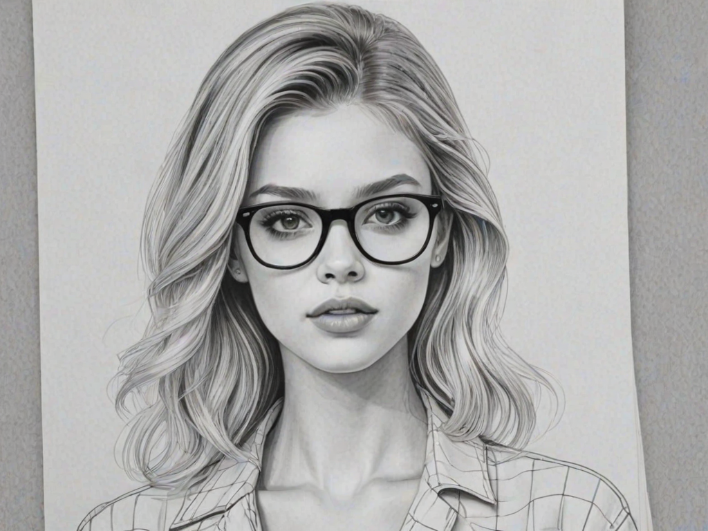 Stunning Nicola Peltz, pencil sketch, portrait of Attractive woman 1952s in glasses, hair style beatnik, outline, clear lines, fine lines, 8k