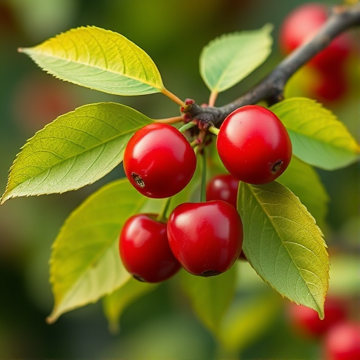 Create a detailed botanical illustration of a cherry branch with vibrant red cherries and bright green leaves, using a macro lens with a shallow depth of field, f/2.8 aperture, 50mm lens, natural lighting, and a high-resolution digital camera for enhanced clarity and color saturation.