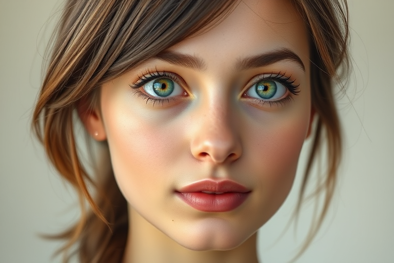 Generate a high-resolution digital illustration of a young woman with medium brown hair and green eyes, front view, using a DSLR camera with a 50mm lens, f/1.8 aperture, ISO 100, 1/200s shutter speed, soft diffused lighting.