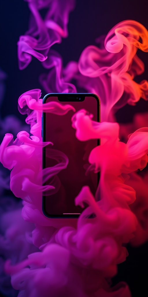 Capture a high-resolution image of a smartphone surrounded by colorful smoke with a dark gradient background, using a Canon EOS R5, 50mm lens, f/1.8 aperture, ISO 100, 1/200 sec shutter speed, in a macro view for enhanced detail and depth.