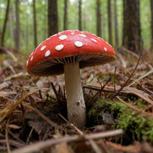 a vibrant red mushroom with white spots growing among brown leaves and grass in a forest setting