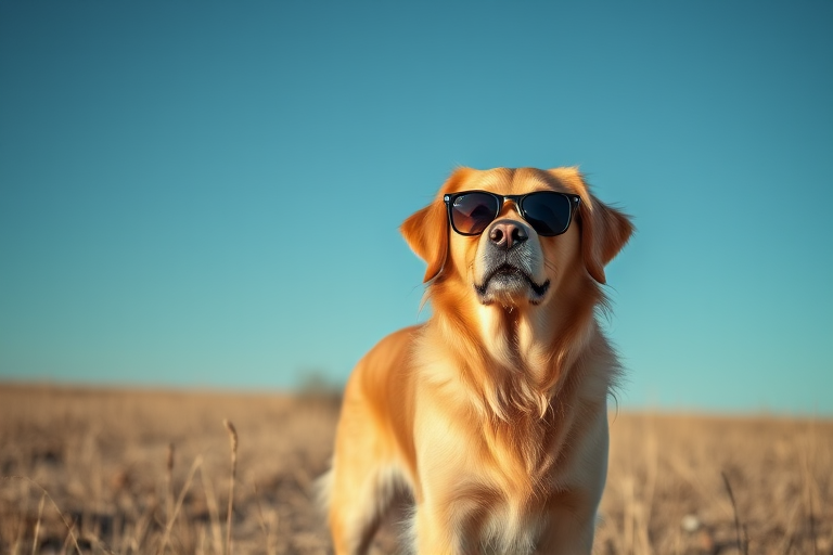 A Golden Retriever wearing sunglasses standing in a dry, grassy field under a clear blue sky, captured with a Canon EOS 5D Mark IV, 50mm f/1.8 lens, aperture set at f/2.8, shutter speed 1/500s, ISO 200, wide-angle view for a soft background blur, high contrast for vibrant colors.