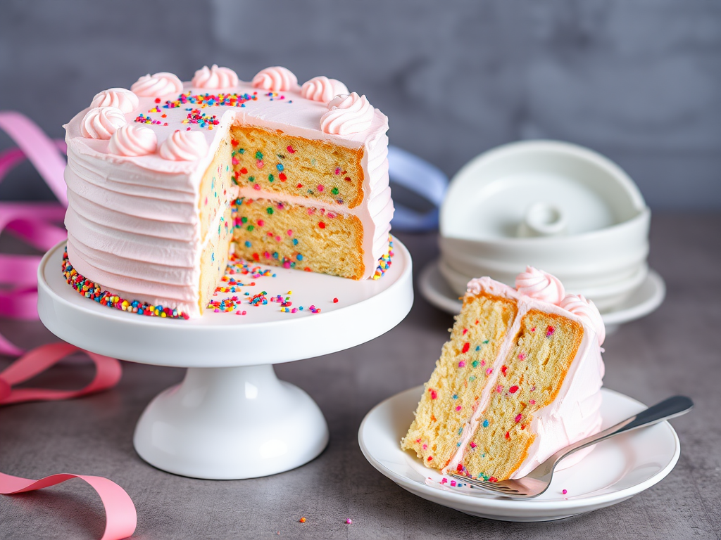 A beautifully decorated cake on a white cake stand with a slice cut out revealing colorful sprinkles inside the cake topped with pink frosting and a plate with a slice of the cake beside it garnished with colorful sprinkles and a fork on the plate with ribbons in the background.