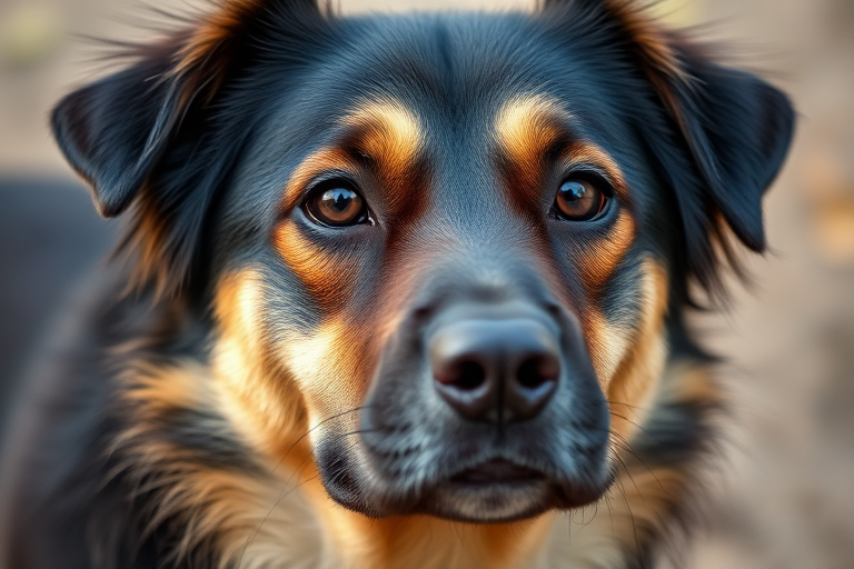 A close-up portrait of a medium-sized black and tan dog with a thick coat, sharp focus on the dog's face, natural light, shallow depth of field, Canon EOS 5D Mark IV, 85mm f/1.8 lens, ISO 200, aperture f/2.8, shutter speed 1/250s.