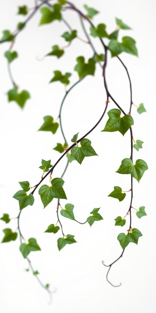 Create a high-resolution image of an elegant vine with swirling branches and leaves against a white background, using a DSLR camera with a 50mm lens, aperture f/2.8, ISO 100, and a shallow depth of field for a soft blur effect.