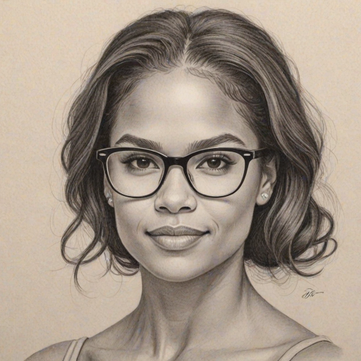 Captivating Misty Copeland, pencil sketch, portrait of Pleasing woman 1957s in glasses, hair style beatnik, outline, clear lines, fine lines, 8k