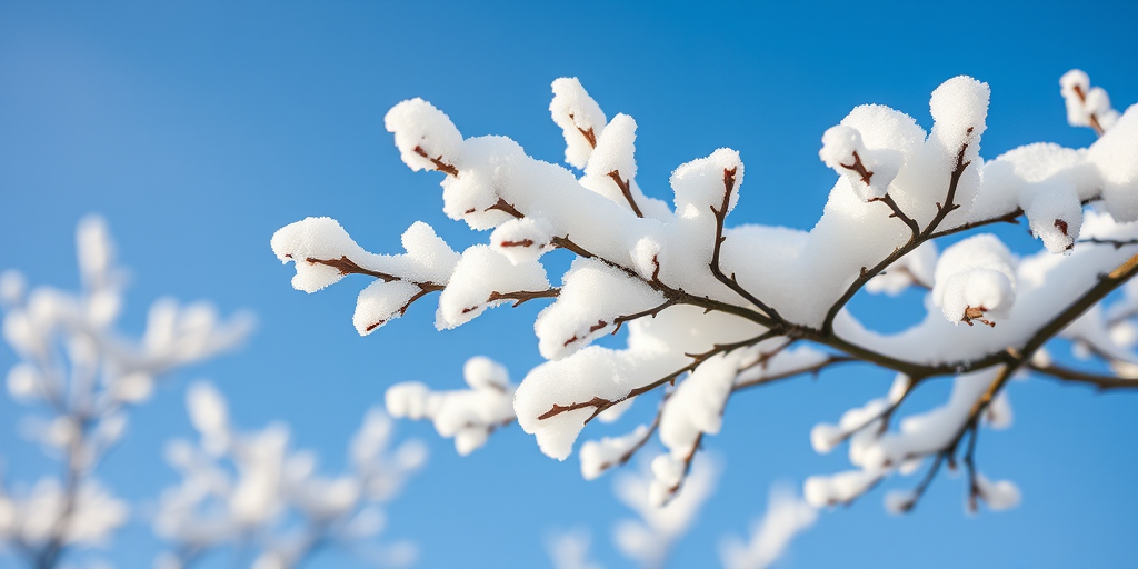 snow-covered branches against a clear blue sky, macro shot, f/2.8, ISO 100, 1/500s, DSLR, natural lighting, focus on snow details